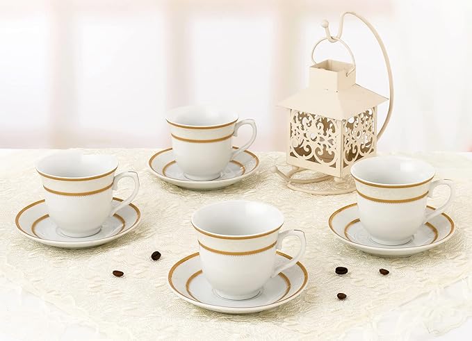 World Gifts Elegant Durable and Colorful Porcelain Tea-Coffee Cups and Saucers Set - Gold, 8 oz. Set of 4