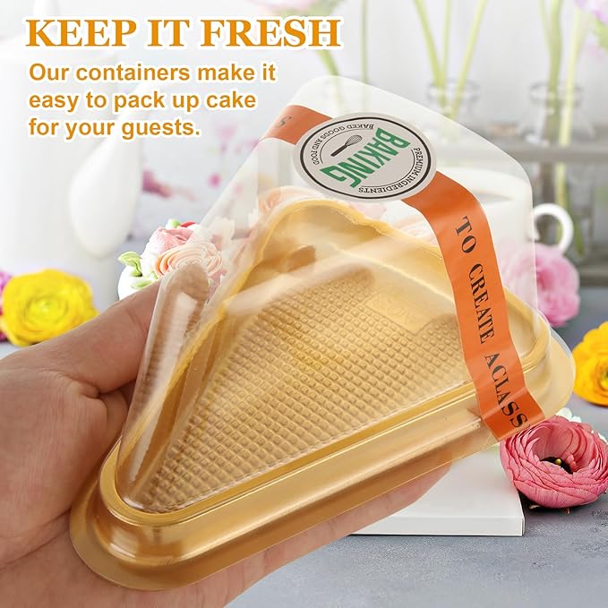 100Pcs Individual Cake Slice Containers, Pie Slice Containers Disposable, Cheesecake Container with Lid Sticker and Fork, Clear Triangle Cake Boxes for Pies Snack Dessert, Gold