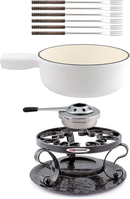Swissmar Lugano 9 Piece Cast Iron Fondue Set - Matte White