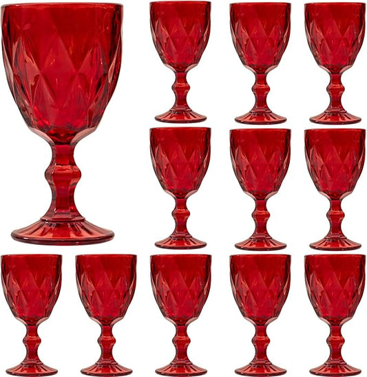 12 Pcs Vintage Wine Glasses, 10 Ounce Colored Glass Water Goblets, Unique Embossed Pattern High Clear Stemmed Glassware Wedding Party Bar Glass Drinking Cups Fancy Wine Glasses Red Set of 12