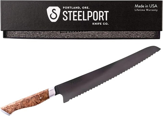 STEELPORT 10” Bread Knife – Multifunctional Serrated Kitchen Knife | Carbon Steel Blade for Sourdough, Bread, BBQ | Handcrafted Home & Professional Chef Tool with Oregon Maple Burl Handle