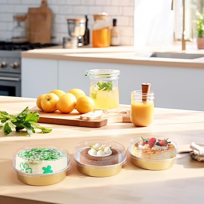 Beasea Mini Pie Tins with Lids, 120 Pack 4 Inch 8oz Disposable Creme Brulee Ramekins Golden Mini Small Aluminum Foil Pie Tart Cake Baking Pans Individual Round Containers Oven Safe for Baking