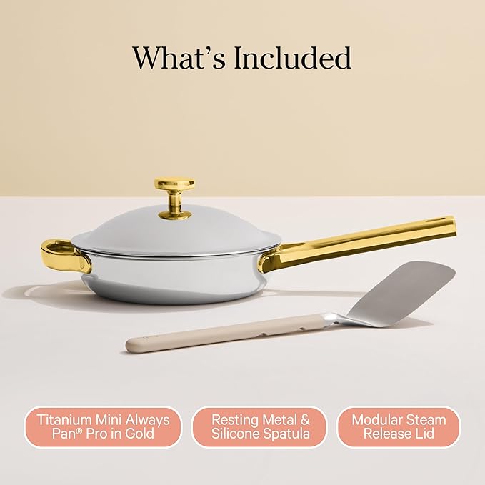 Our Place Titanium Mini Always Pan Pro - 8.5” (1.48 Qt) No-Coating Nonstick Skillet | Tri-Ply Titanium & Stainless Steel | Safe for Oven, Induction & Cooktops up to 750°F | Includes Spatula | Gold