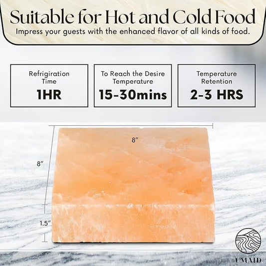 UMAID Himalayan Salt Block For Grilling, Cooking, Cutting and Serving,8X8X1.5 Food Grade Himalayan Pink Salt Stone on Stainless Steel Plate & Recipe Pamphlet, Unique Gifts for Men, Women, Chef, Cooks