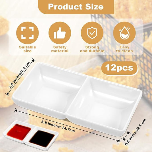 12 Pcs Dual Dipping Sauce Bowls Soy Sauce Dish Bowls Two Compartments Party Trays Divided Fondue Plates for Restaurant Kitchen Sushi Soy (White)