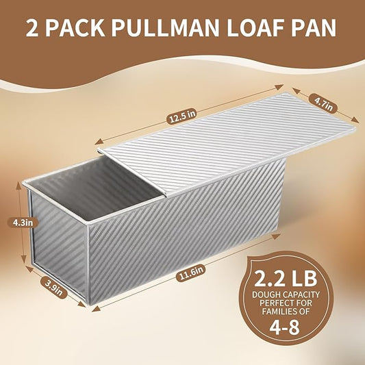 2 Pack Large Pullman Loaf Pan with Lid,Nonstick Bakeware Bread Pan,2.2lb,Bread Pans for Homemade Bread/Toast/Sourdough,Sandwich Bread Loaf Pan,Silver