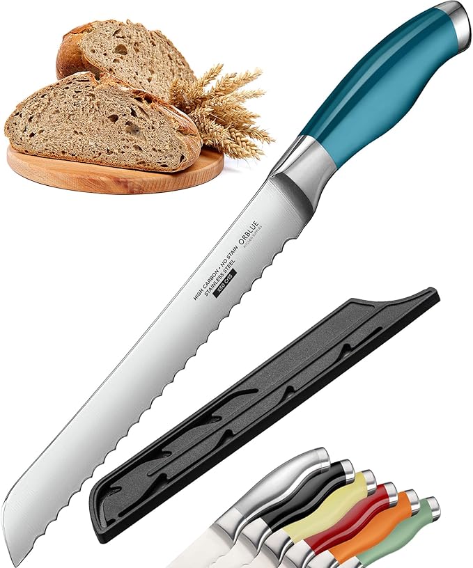Orblue Serrated Bread Knife Ultra-Sharp Stainless Steel Professional Grade Bread Cutter - Cuts Thick Loaves Effortlessly - (8-Inch Blade with 5-Inch Handle), Blue