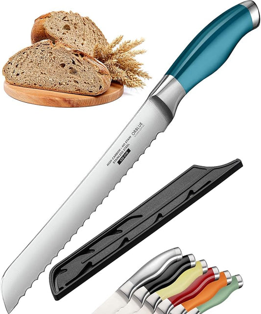 Orblue Serrated Bread Knife Ultra-Sharp Stainless Steel Professional Grade Bread Cutter - Cuts Thick Loaves Effortlessly - (8-Inch Blade with 5-Inch Handle), Blue