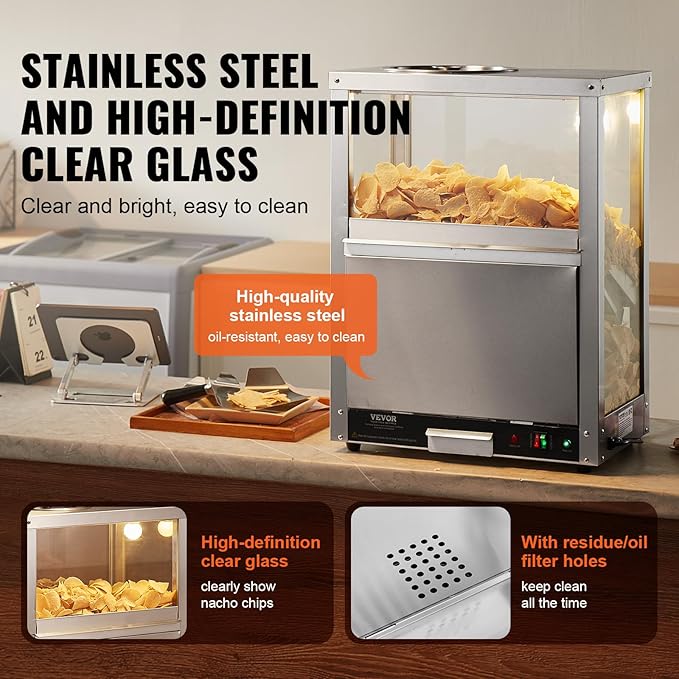 VEVOR Nacho Chip Warmer, 84.5QT Stainless Steel Machine with Warming Light, Deflection Board, for Popcorn, Potato Chips, Peanuts