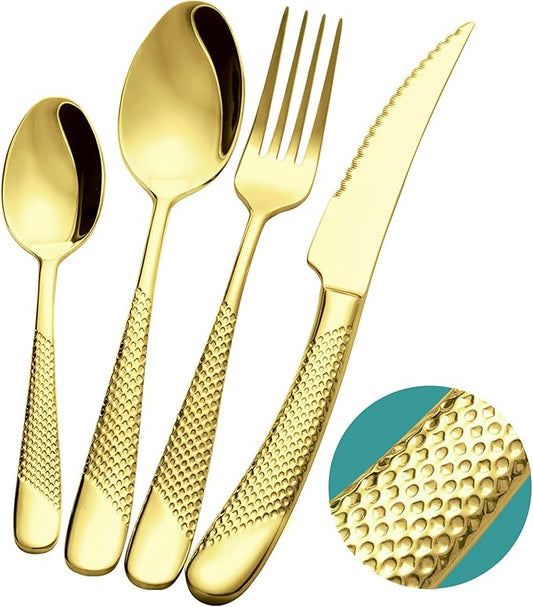 16-Piece Modern Champagne Gold Hammered Silverware Set with Ultra Sharp 2-IN-1 Serrated Knive, Golden 18/10 Stainless Steel Flatware Set, Utensil Cutlery Set for 4 Person, Forks Spoons Knives