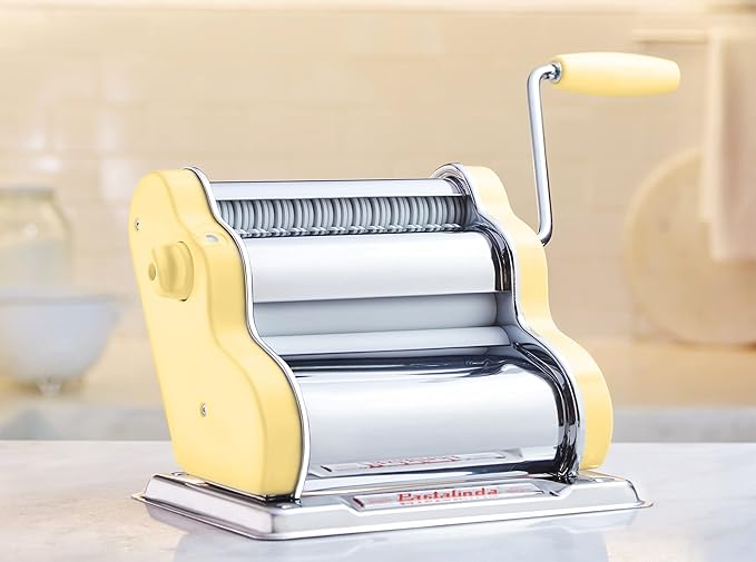 PASTALINDAClassic 200 Pasta Maker Machine, 20 cm Wide Rollers, 9 Thickness Positions, 2 Cutting Positions, Stainless Steel. Includes Reinforced Hand Crank And Two Clamps (Yellow)