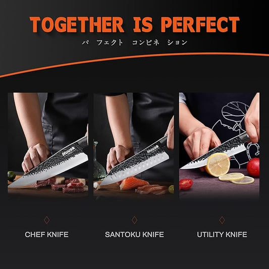 Huusk Japanese Chef Knife Set - Hand Forged Kitchen Knives for Meat Cutting - ATS-34 Carbon Steel Knives Set with Wooden Handle - Viking Cooking Knife Sets for BBQ, Camping - Ideal Gift for Women Men