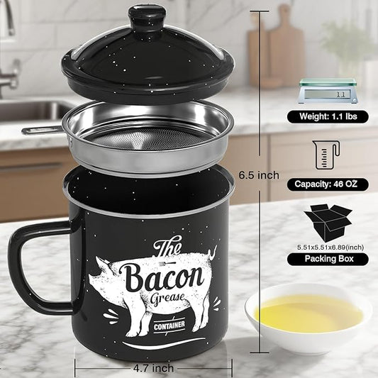 Bacon Grease Container With Strainer, 46OZ Large Enamel Grease Container, With Silicone Spatula, Farmhouse Bacon Grease Keeper, Cooking Oil Container For Kitchen Fat Storage, Dishwasher Safe-Black