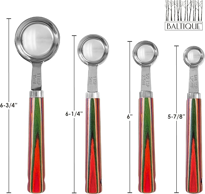 Totally Bamboo Baltique Marrakesh Collection 4-Piece Measuring Spoon Set, Includes 1/4 Teaspoon, 1/2 Teaspoon, 1 Teaspoon & 1 Tablespoon Measurements, Stainless Steel Spoons w/Wood Handle for Cooking