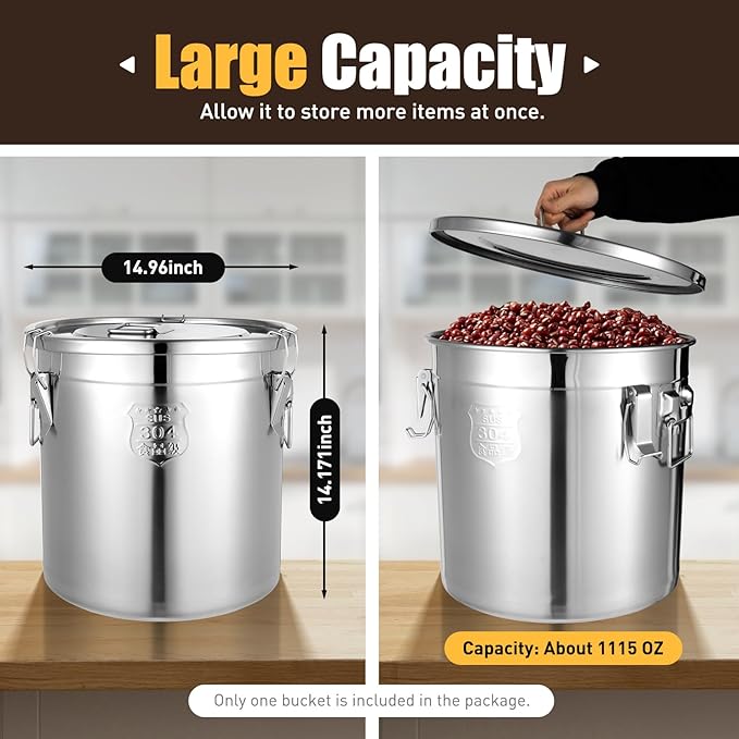 Stainless Steel Airtight Canister for Kitchen, 33L/8.7Gal Metal Food Storage Container Flour Bucket with Lid & Clamps, Bean Rice Cereal Canister Holder for Kitchen Restaurant, D15*H14.2in