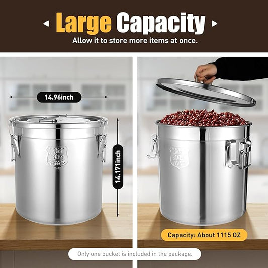 Stainless Steel Airtight Canister for Kitchen, 33L/8.7Gal Metal Food Storage Container Flour Bucket with Lid & Clamps, Bean Rice Cereal Canister Holder for Kitchen Restaurant, D15*H14.2in
