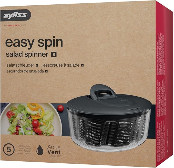 Zyliss Easy Spin Salad Spinner - Fruit & Veggie Dryer - Produce Spinner & Cleaner for Salad Prep - Dishwasher-Safe Kitchen Essential - Non-Slip Bowl with Pull Handle - Grey Easy Spin Small