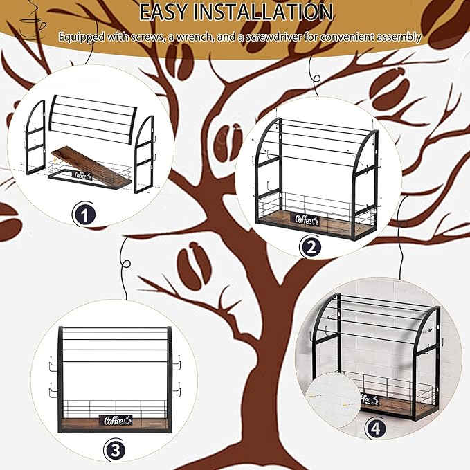 K Cup Coffee Pod Holder, 2 Tier Coffee Bar Organizer with 8 Mug Hooks, 2025 New K Cup Holders for Counter, Easy Assembly, Multi-functional Coffee Station Organizer for Countertop, Home or Office,Black