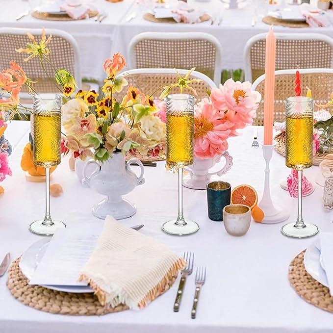 6 Pieces Clear Champagne Flutes,6 OZ Twill Pattern Striped Vintage Stem Glasses Stemware Wine Glasses Champagne Long Stem Drinking Colored Glasses Goblets for Wedding Cocktail Cups,Cava, Prosecco