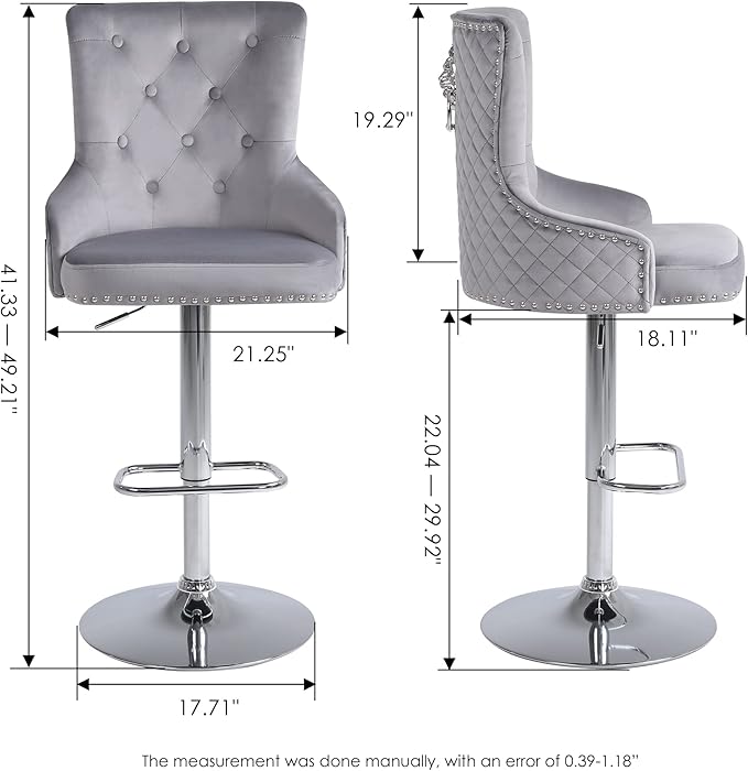 Velvet Lion Bar Stools Set of 4, Modern Height Adjustable Swivel Barstools with Chrome Base, Tufted Counter Height Bar Stools Upholstered Bar Chairs for Kitchen Island, Dining Room, Grey