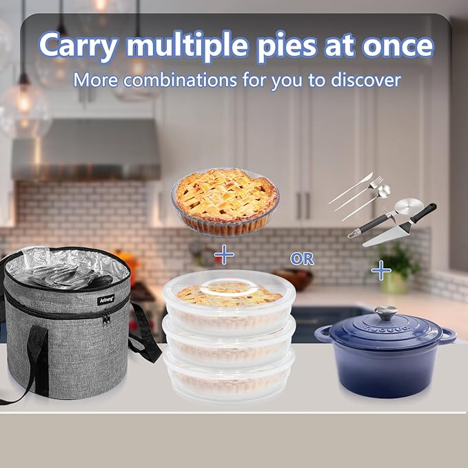 3 pack pie carrier with lid and handle,of insulated bag,pie carriers for transport,Holds 3 pies/Pizza,Thanksgiving Day (Grey, 3 pie carriers + insulated bag)