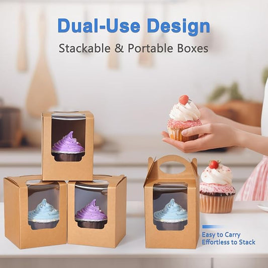 Cupcake Boxes 25 pcs, Individual Cupcake Carrier Brown with Window Insert and Handle Pastry Containers Single Muffins Container for Bakery Wrapping Party Favor Packing
