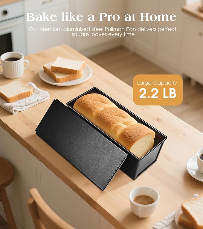 Pullman Loaf Pan with Lid, 13×4 Inch Nonstick Aluminized Steel Bread Pan, 2.2 lb for Homemade Sandwich Bread