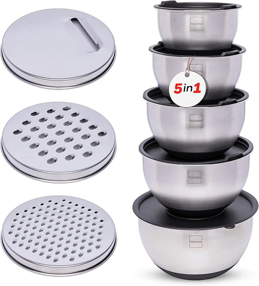 Stainless Steel Mixing Bowls Set of 5, Large Nesting Bowls with Airtight Lids for Food Prep, Cooking, Baking, Salad, and Outdoor Dining (Black, 5 Pcs)