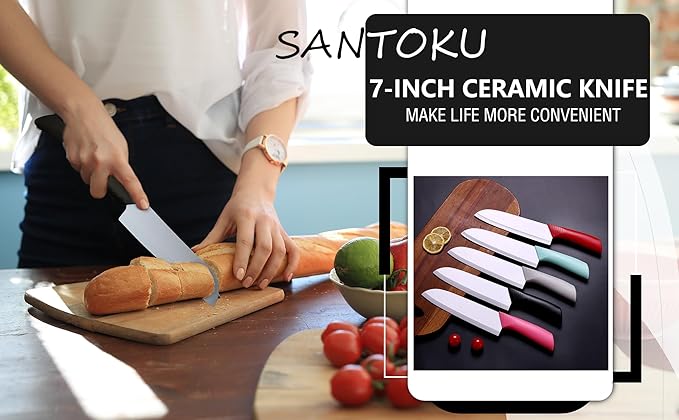 Ceramic Santoku Knife 7 Inch - High-Precision Blade for Meats, Fruits, and Vegetables - Durable Ceramic Blade with Protective Sheath - Sky Grey