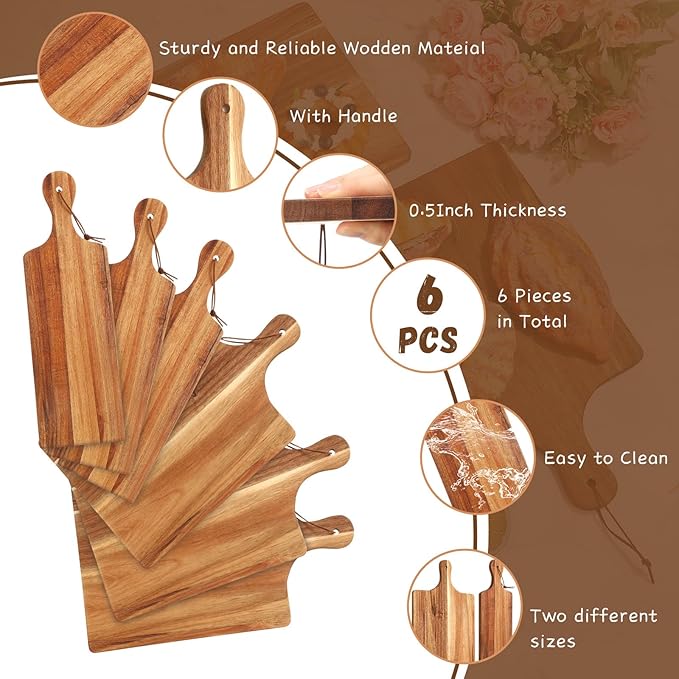 Tanlade 6 Pcs Wood Cutting Board Set Cutting Board with Handle Chopping Serving Board Butcher Cutting Block for Valentines Mother's Day Wedding Housewarming Gift, 16'' x 10'', 16'' x 5'' (Acacia)
