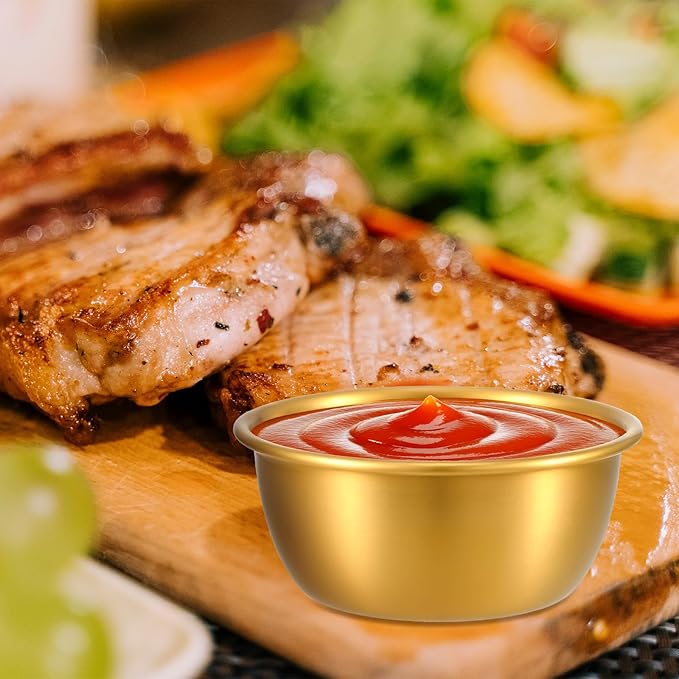 12 Pcs Stainless Steel Dipping Sauce Cups 2 oz Ramekin Mini Sauce Bowls Gold Condiment Cups Reusable Metal Ramekins Containers for Home Kitchen Restaurant Party (Gold)