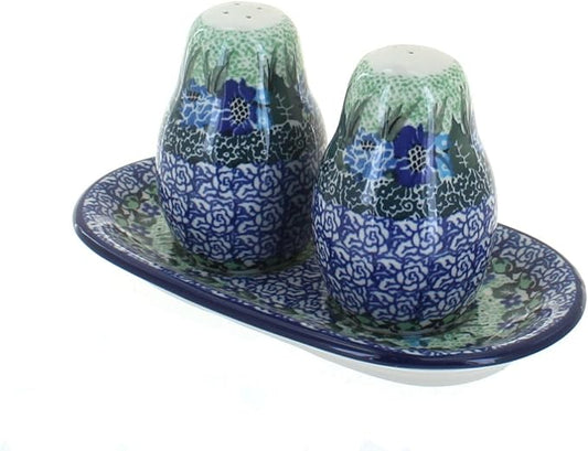Blue Rose Polish Pottery - Blue Sapphire Fields Salt & Pepper Shakers with Tray - 3.5" Tall - Hand-Painted Ceramic Seasoning Set for Table & Kitchen