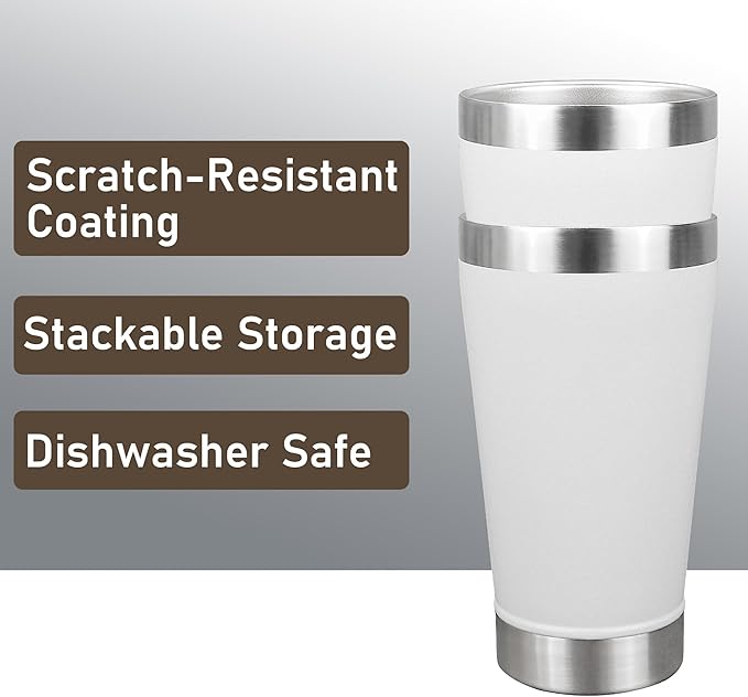 16 oz Insulated Beer Glasses Set of 6, Stacking Beer Pint Glass, Beer Tumbler Outdoor, Stainless Steel Double Walled Cup, White, Ideal for Wine Lover, Coffee, Cocktail