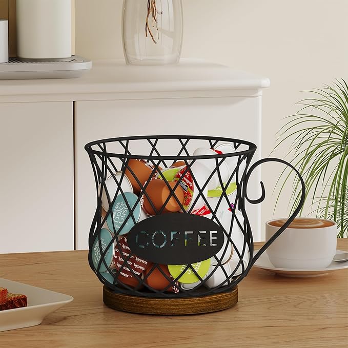YINMIT K Cup Holder Organizer, Rustic Coffee Pod Holder Organizer, 35 Kcup Holder for Counter with Handle,Large Capacity Black Wire Coffee Capsule Basket for Kitchen Office Desktop (Circular Grid)