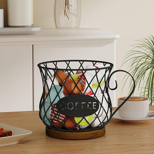 YINMIT K Cup Holder Organizer, Rustic Coffee Pod Holder Organizer, 35 Kcup Holder for Counter with Handle,Large Capacity Black Wire Coffee Capsule Basket for Kitchen Office Desktop (Circular Grid)