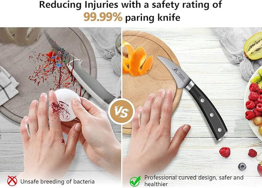 Paring Knife Set, 2PCS Small Kitchen Knives for Fruit, 3.8 Inch Fruit Knives and 2.75 Inch Bird Beak Peeling Knife, Premium Germany Stainless Steel Ergonomic Handle, Elegant Black Ideal for Gift