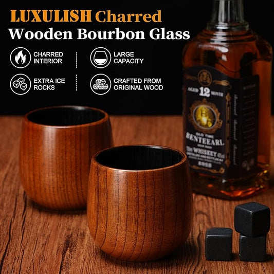 10Oz Large Charred Wooden Bourbon Glass, Include 3 Ice Whiskey Rocks, The Original Wood Whiskey Cup, Old Fashioned Drinking Glasses Tumblers, Gift for Men, Dad, Husband, Brother, Friends