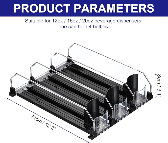 uxcell 3pcs Soda Can Organizer for Refrigerator, Self-Pushing Drink Organizer for Fridge, Width Adjustable Drink Dispenser Beverage Pusher For Pantry Vending Machine, Black