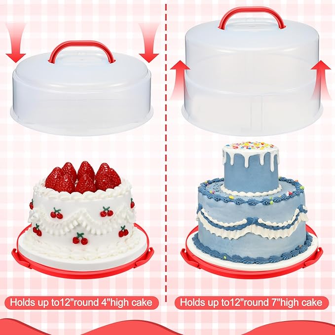 12 Inch Large Cake Carrier with Lid and Handle for 12" Round 7" High Cake Adjustable Plastic Pies Carrier Portable Cupcakes Transport Container for Cookies Pizza and More(Red)