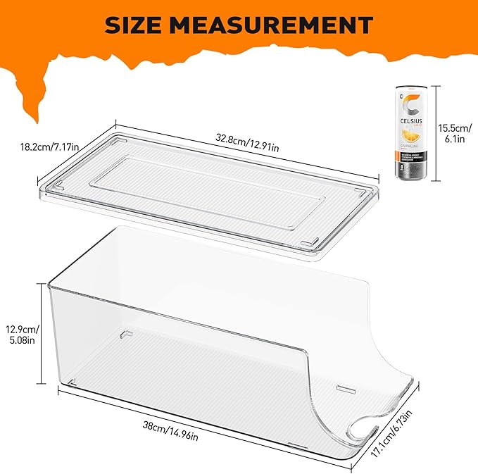 2 Pack Skinny Can Organizer for Refrigerator, Stackable Tall Skinny Soda Pop Can Holder Dispenser with Lid for Fridge Pantry Rack Freezer, Clear Plastic Storage Bins-Holds 12 Slim Cans Each