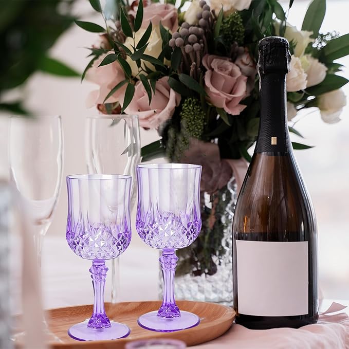12 Pcs Plastic Purple Wine Drinking Glasses, Plastic Water Goblets Purple Vintage Reusable Drinkware Vintage Champagne glassware for Wedding Reception Grand Event Party, 7oz