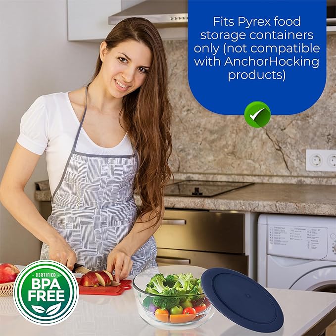 Replacement Lids for Pyrex Containers Round Glass Food Plastic - (2) 2-Cup Light Blue, (2) 4-Cup Blue, (2) 7-Cup Navy - BPA-Free, Dishwasher & Microwave Safe