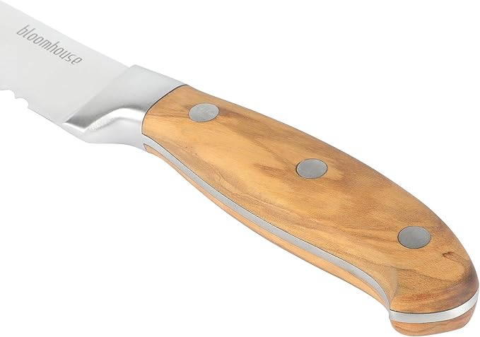 Bloomhouse 8 Inch German Steel Bread Knife W/Italian Olive Wood Forged Handle