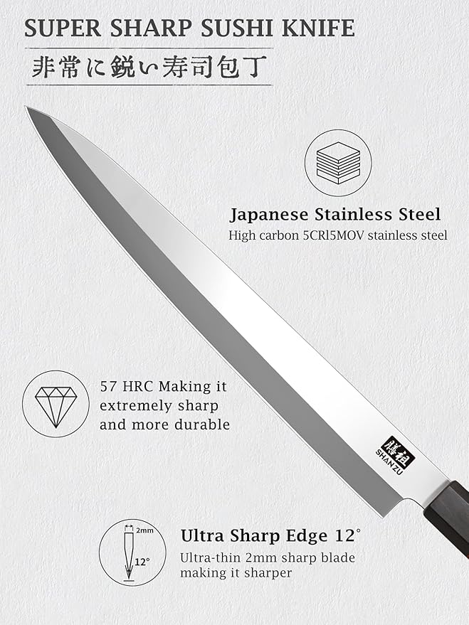 SHAN ZU 10 Inch Sushi Knife, High Carbon Japanese Steel Sashimi Knife, Japanese Knives for Fish Filleting & Slicing, Sushi Making Knives with Red Sandalwood Handle
