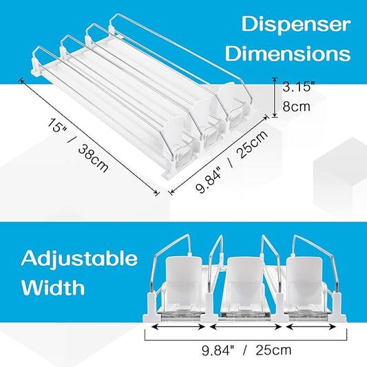 Soda Can Dispenser for Refrigerator, 3 Row Self-Pushing Rack, Fits up to 15 Cans, Width Adjustable Beverage Storage Rack, 15inch White