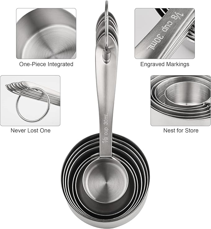 Stainless Steel Measuring Cups - 7 Piece Set, Metric & US, Includes 2/3 & 3/4 Measure Cups