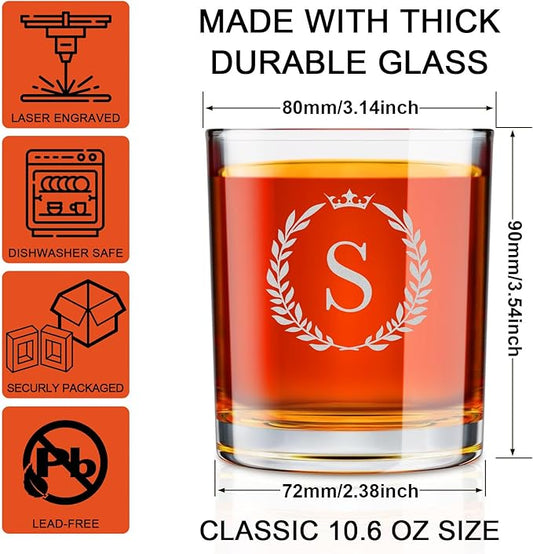 Personalized Whiskey Glasses Gifts for Men, Monogrammed Engraved A-Z 10.6 oz Rocks Glass Customized Gift, Unique Christmas Birthday Gifts for Men Him Dad Husband Brother Son (S)