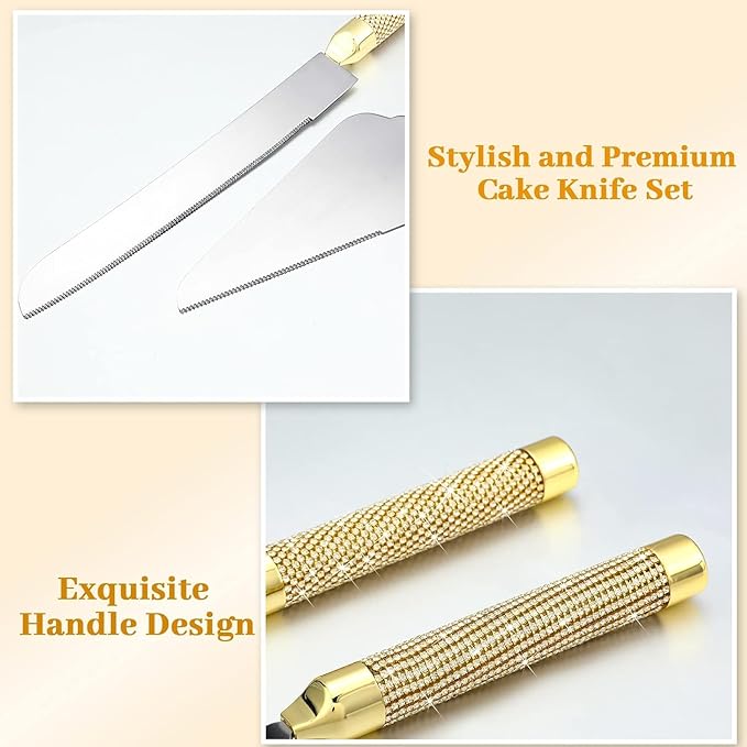 Elegant Wedding Champagne Flutes and Cake Knife Set, Features Rhinestone Rimmed Toasting Glasses and Cake Cutting Server for Couple’s Special Day (Silver) (Gold)