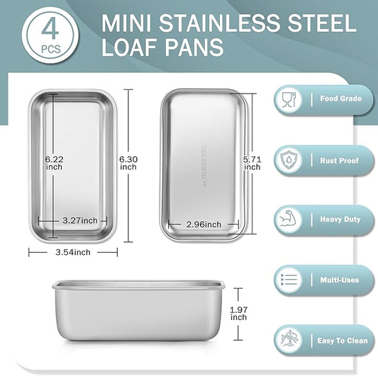 TeamFar Mini Loaf Pan, 4 PCS Stainless Steel Loaf Pans for Baking Bread, 6.3 x 3.5 Inch Bread Baking Pan for Homemade Bread, Meatloaf, Cake and Brownies, Non-Toxic, Oven & Dishwasher Safe