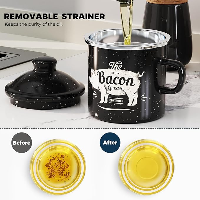 PGYARD Mini Bacon Grease Container With Strainer - 15OZ Enamel Grease Saver, Farmhouse Bacon Grease Keeper For Kitchen Fat Storage, Dishwasher Safe-Black